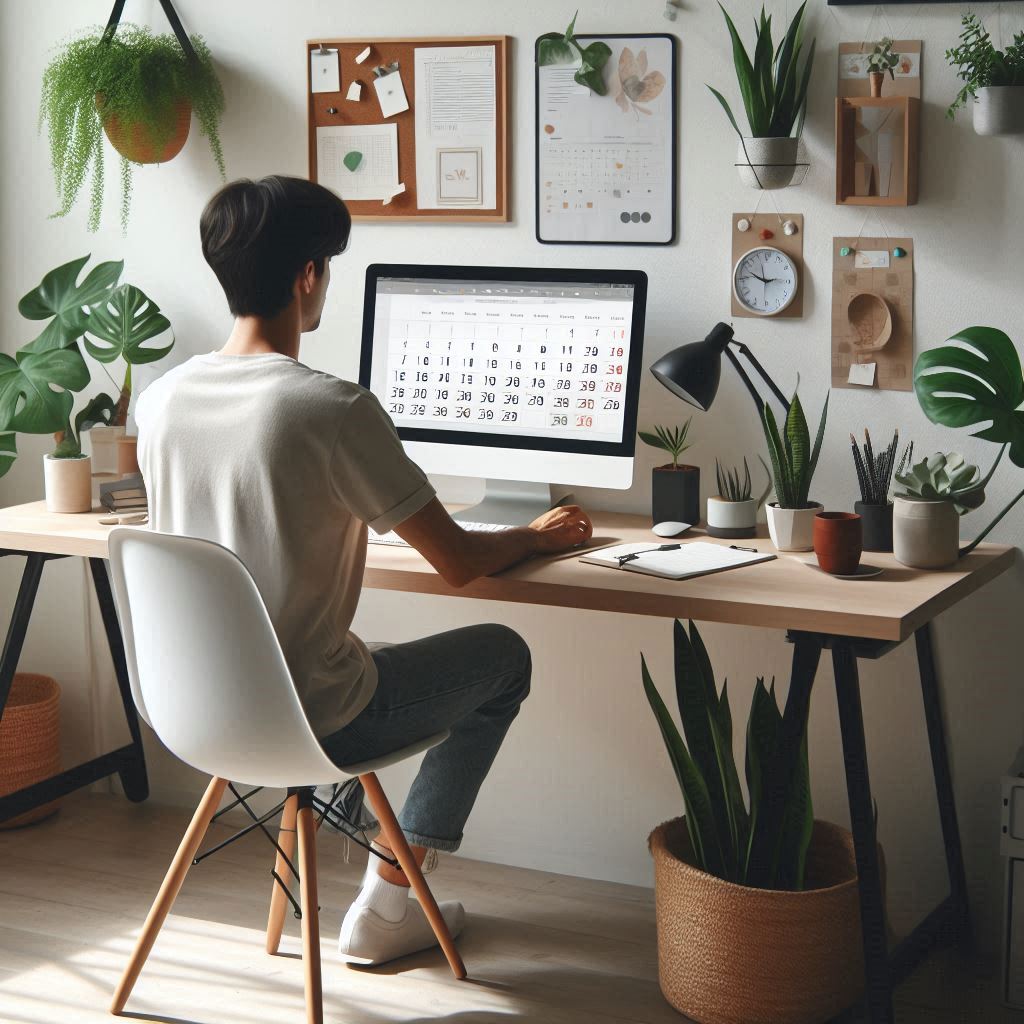 A person working at a minimalist desk with a laptop, surrounded by plants.