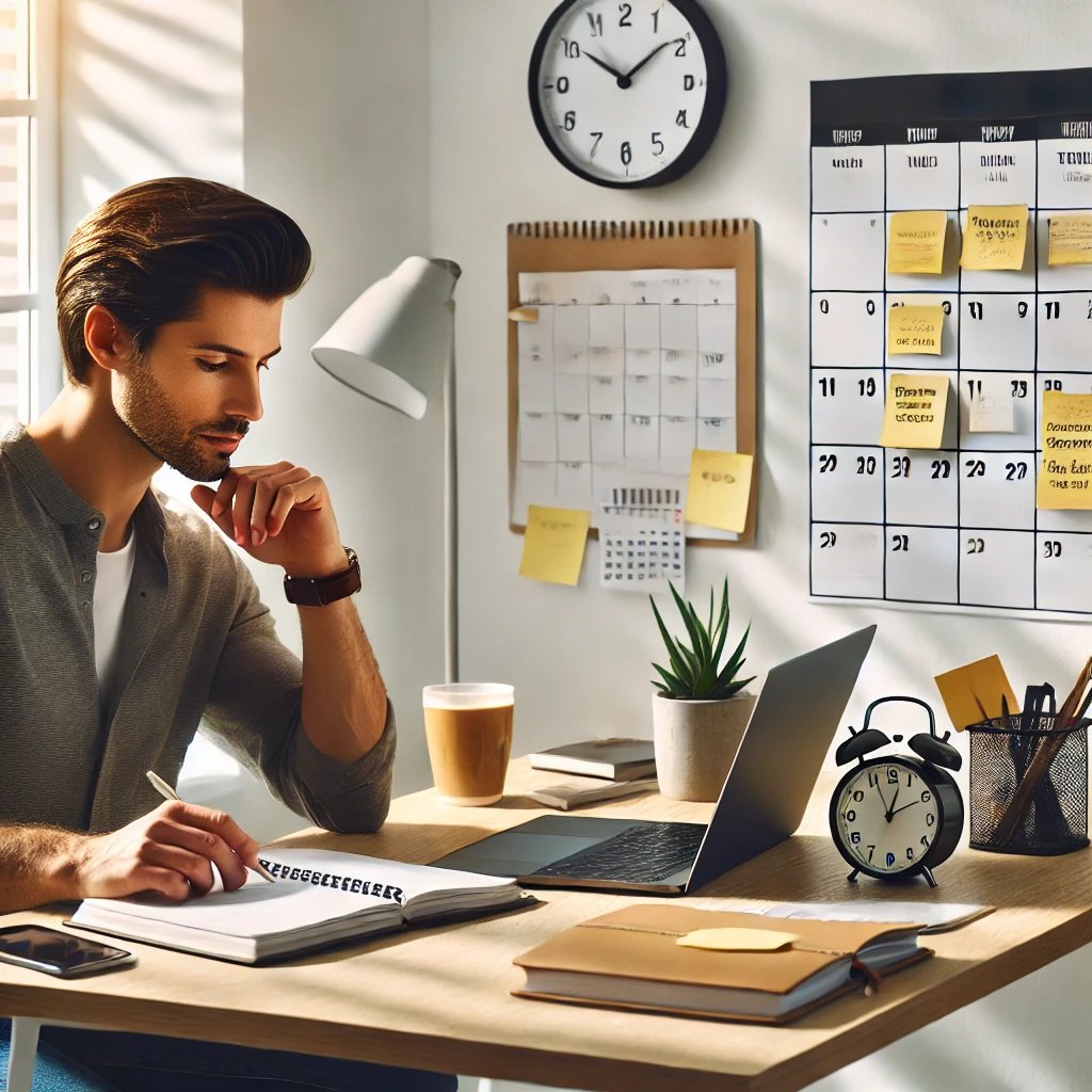 A focused entrepreneur working at a tidy desk with a laptop, calendar, and sticky notes, illustrating effective time management and productivity.