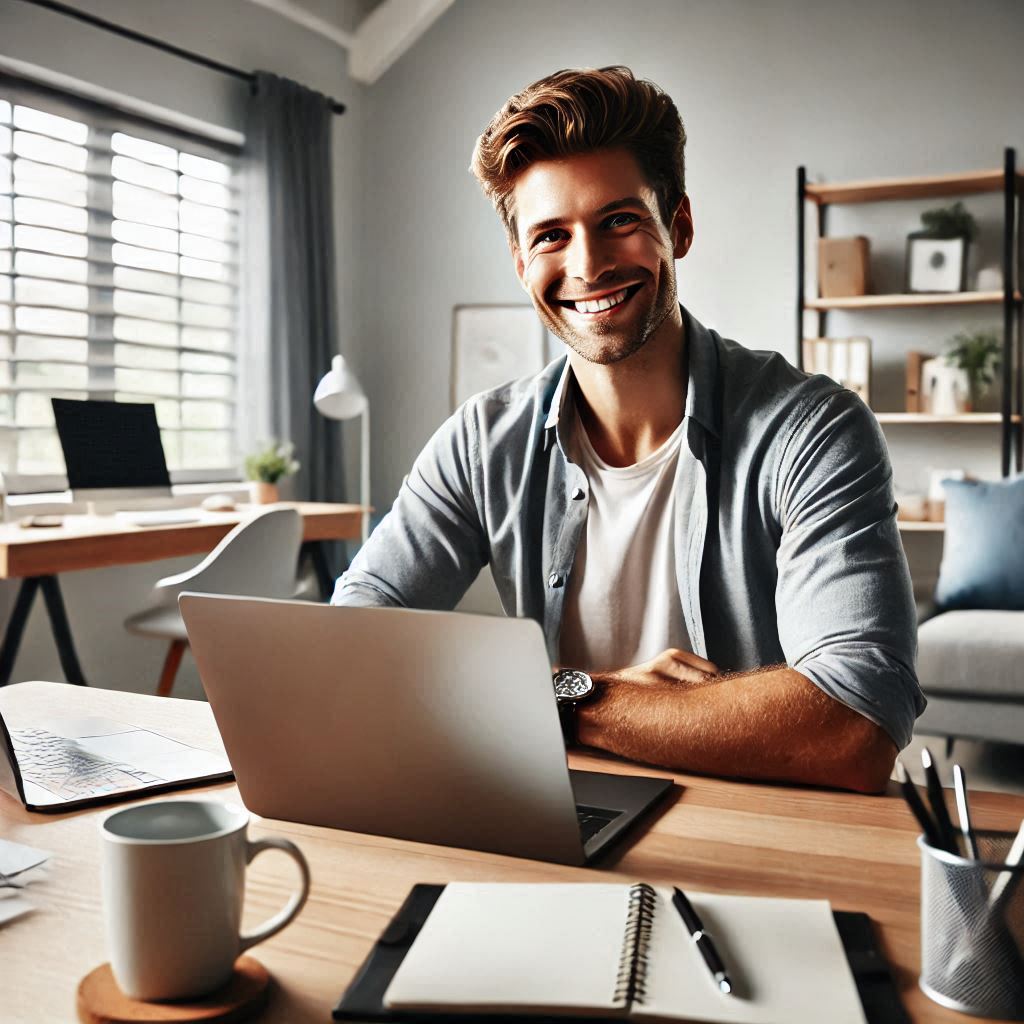 A happy entrepreneur working at a clean and organized desk, building their online business