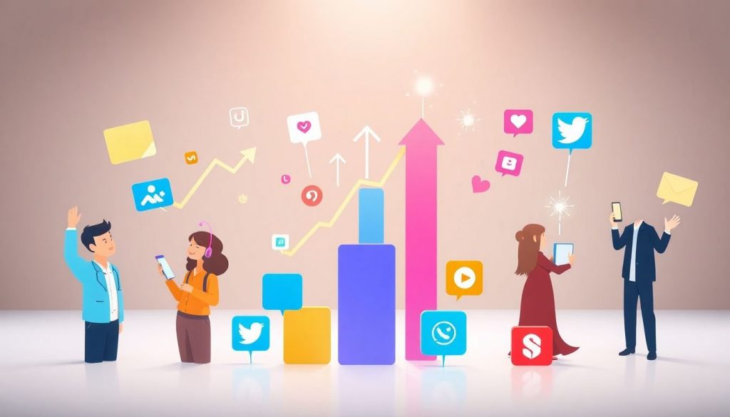 "Illustration of people interacting with social media icons and growth charts symbolising business success."