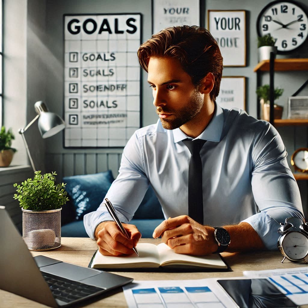 a focused entrepreneur sitting at a clean, modern desk, writing goals and business plans in a notebook or on a digital device. The background shows a well-organized workspace with a calendar, goals list, and inspirational quotes visible. The entrepreneur looks determined and motivated, reflecting the clarity and focus that comes from setting clear, measurable goals for their business